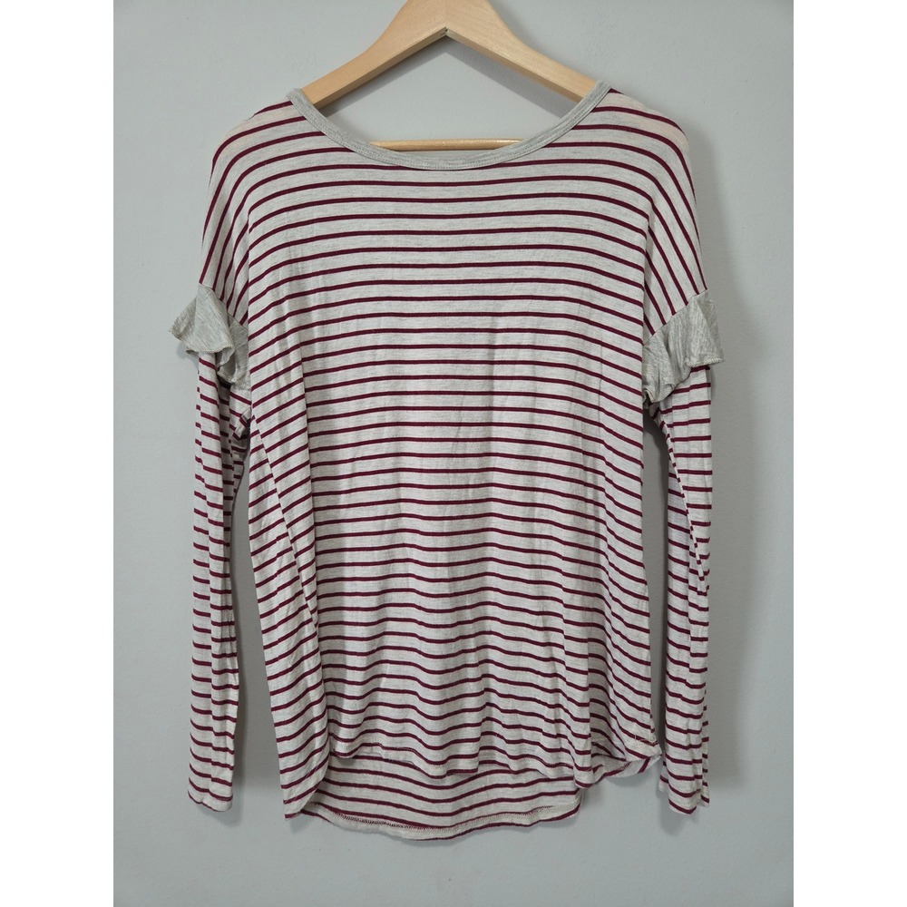 Hailey & Co Womens Striped Ruffle Long Sleeve Top Burgundy Grey Small T2603